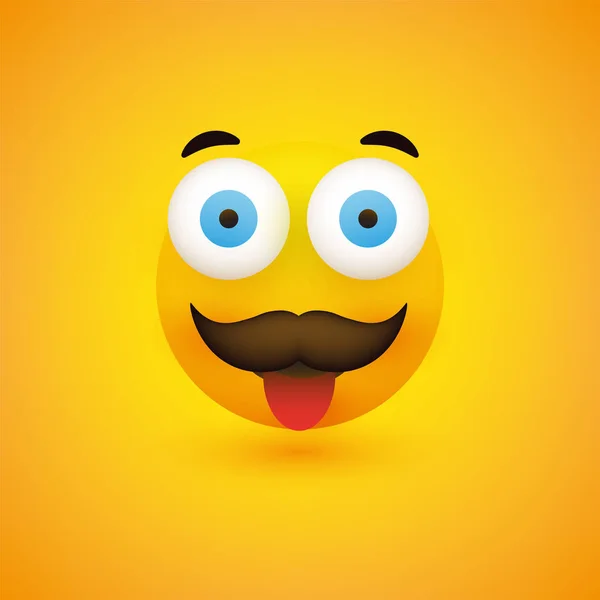 Smiling Emoji - Simple Happy Emoticon with Pop Out Eyes, Tongue and Mustache on Yellow Background - Vector Design