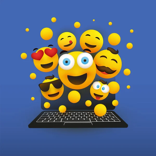 Varios Emoticones Amarillos Sonrientes Delante Pantalla Una Computadora Portátil Diseño — Vector de stock