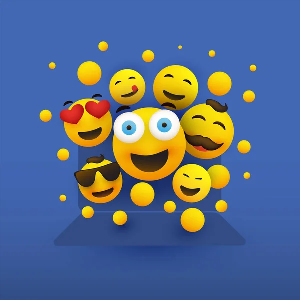 Різні Усміхнені Щасливі Жовті Смайлики Перед Екраном Комп Ютера Ноутбука — стоковий вектор