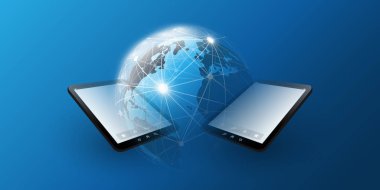 Cloud Computing tasarım konsepti ile dünya küre ve Tablet Pc - dijital ağ bağlantıları, teknolojik altyapı, vektör tasarımı 