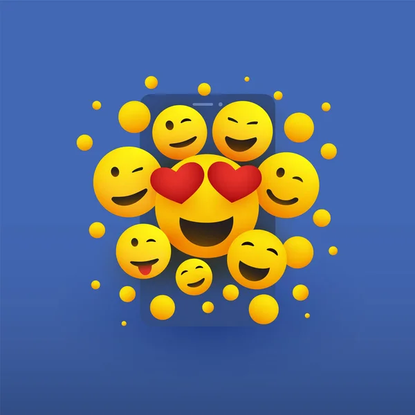 心でさまざまな笑顔幸せな黄色い顔型スマート フォンの画面 ベクトルのデザイン コンセプト イラストの前面に目 — ストックベクタ