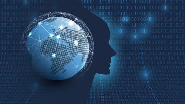 Koyu mavi fütüristik Makine öğrenimi, yapay zeka, Cloud Computing, Global otomatik destek yardım ve ağlar tasarım konsepti ile dünya Küre, ağ kafes ve insan yüzü siluet 