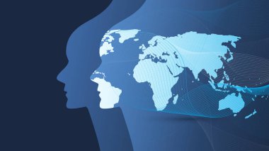 Öğrenme, yapay zeka makine, Cloud Computing, Global otomatik destek yardım ve ağlar tasarım konsepti ile Dünya Haritası, dalgalı desen ve insan kafası 