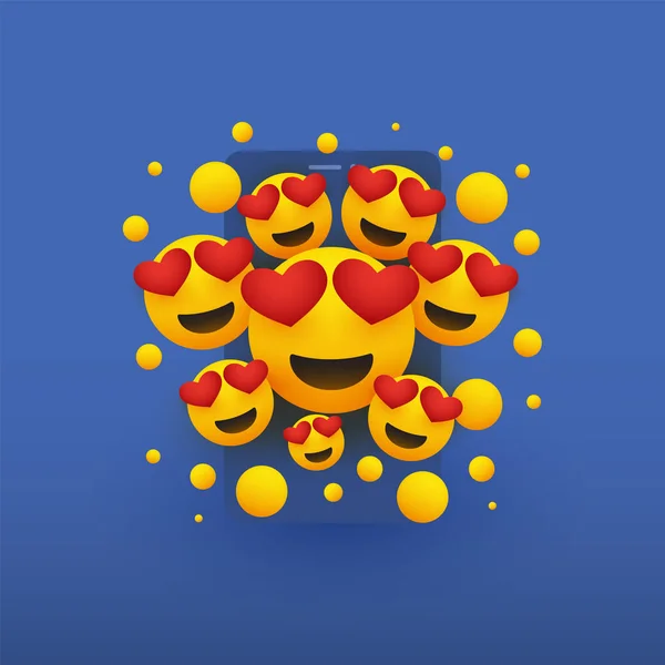 心でさまざまな笑顔幸せな黄色い顔型スマート フォンの画面 ベクトルのデザイン コンセプト イラストの前面に目 — ストックベクタ