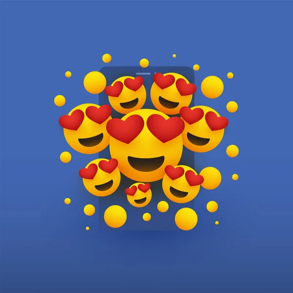 Varie Emoticon Gialle Felici Sorridenti Con Occhi Forma Cuore Davanti — Vettoriale Stock