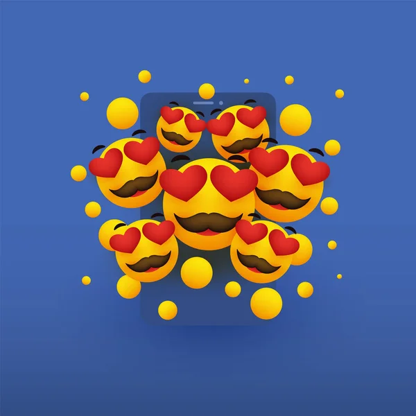 各种微笑的快乐黄色表情符号与心脏形状的眼睛在前面的智能手机屏幕 矢量概念插图 — 图库矢量图片