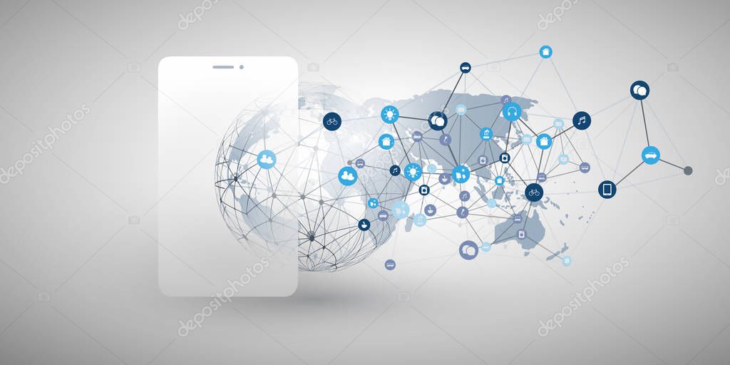 Internet of Things, Cloud Computing Design Concept with Smartphone and Icons - Digital Network Connections, Technology Background 