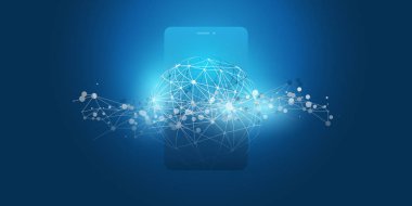 Koyu mavi 3d küresel sendika ağları tasarım ağ kafes ve Smartphone siluet - vektör şablonu işletmeniz için 