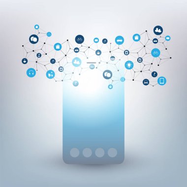 Internet şeyler tasarım konseptinin cep telefonu siluet ve simgeler - dijital ağ bağlantıları, teknolojik altyapı ile 