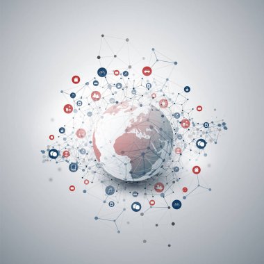 Şey, Internet tasarım konsepti dünya Küre ve simgeler - dijital ağ bağlantıları, teknolojik altyapı ile bulut 