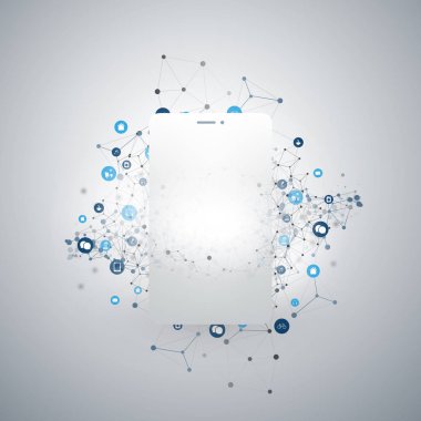 Şey, Internet tasarım konsepti cep telefonu siluet ve simgeler - dijital ağ bağlantıları, teknolojik altyapı ile bulut 