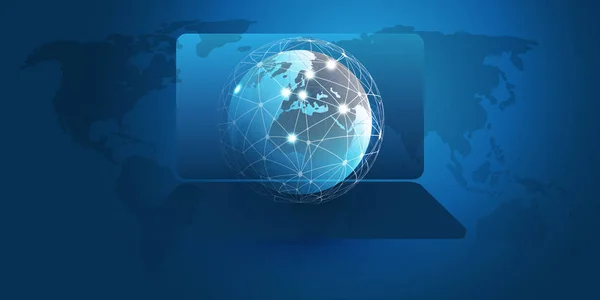 地球とラップトップ あなたのビジネスのためのベクトル テンプレートのグローバル ネットワーク設計 — ストックベクタ