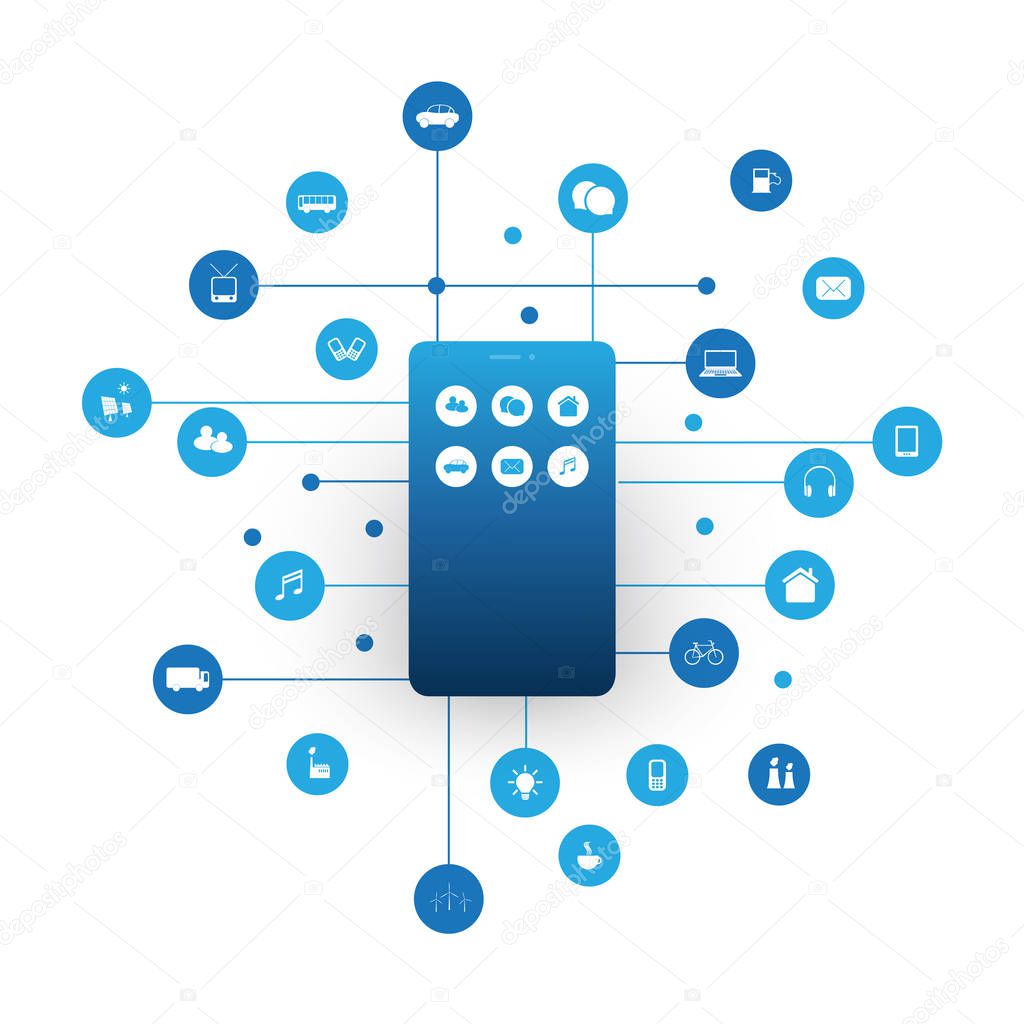 Internet of Things, Cloud Computing Design Concept with Mobile Phone Silhouette and Icons - Digital Network Connections, Technology Background 