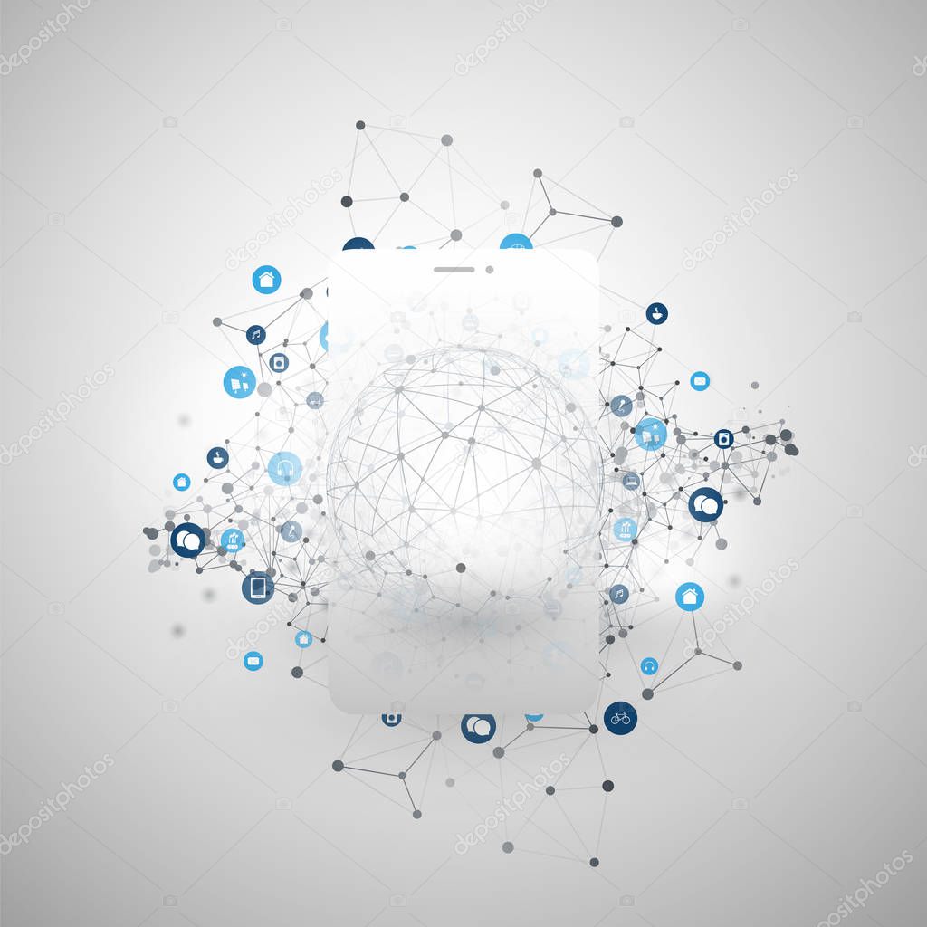 Internet of Things, Cloud Computing Design Concept with Mobile Phone Silhouette and Icons - Digital Network Connections, Technology Background 