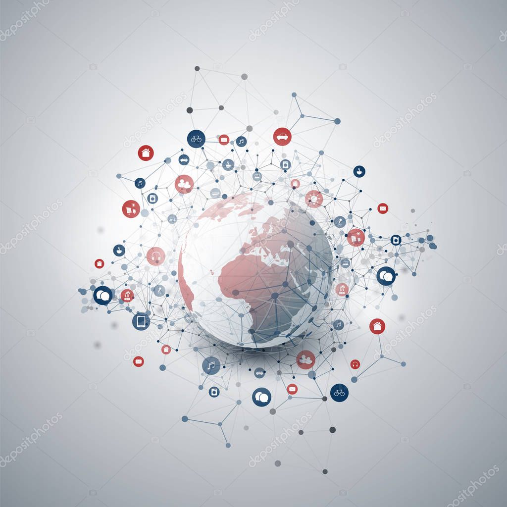 Internet of Things, Cloud Computing Design Concept with Earth Globe and Icons - Digital Network Connections, Technology Background 
