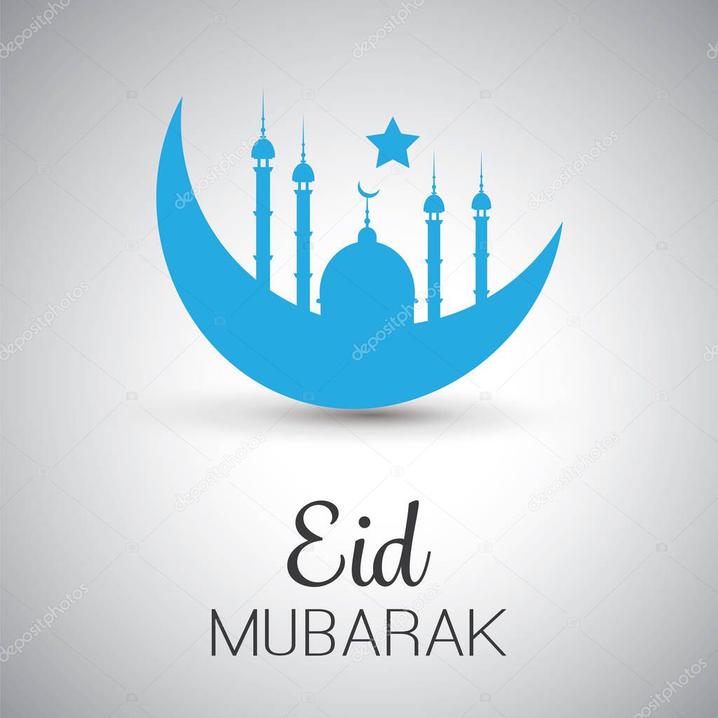 Ramadan Kareem or Eid Mubarak - Greeting Card Design for Muslim Community Festival with Blue Mosque and Crescent Moon 