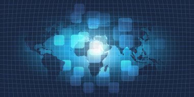 Karanlık küresel teknoloji, ağ ve tasarım konsepti Dünya Haritası ve ızgara desen - dijital ağ bağlantıları, teknolojik altyapı ile bulut 