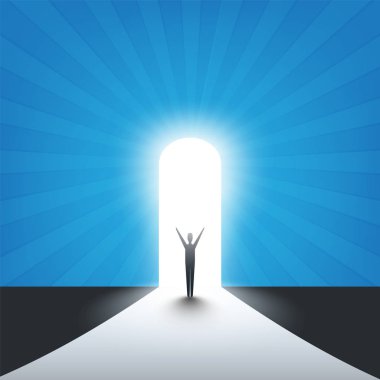 Yeni Olasılıklar, Umut - İş Bulma Çözüm Vektör Kavramı - İşadamı Bir Girişte Duruyor, Yolun Sonunda Işık 