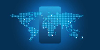 Dünya Haritası ve mobil cihaz ile bulut bilişim tasarım kavramı-dijital ağ bağlantıları, teknoloji Arkaplan, vektör tasarım 