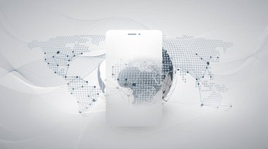 Dünya küre ve mobil cihaz ile bulut bilişim tasarım kavramı-dijital ağ bağlantıları, teknoloji Arkaplan, vektör tasarım 