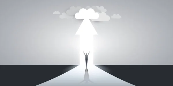 New Possibilities, Hope, Dreams - Business, Solution Finding Concept - Man Standing in Front of an Arrow, Clouds at the End of the Road