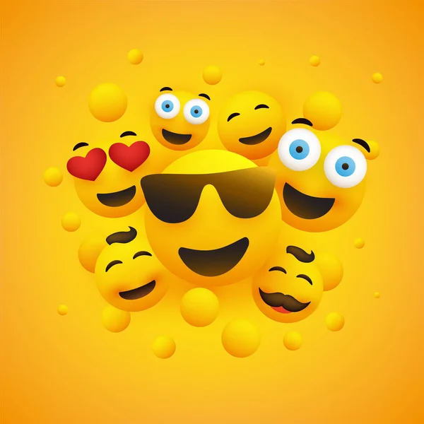 Varie Emoticon Gialle Felici Sorridenti Davanti Uno Sfondo Giallo Illustrazione — Vettoriale Stock