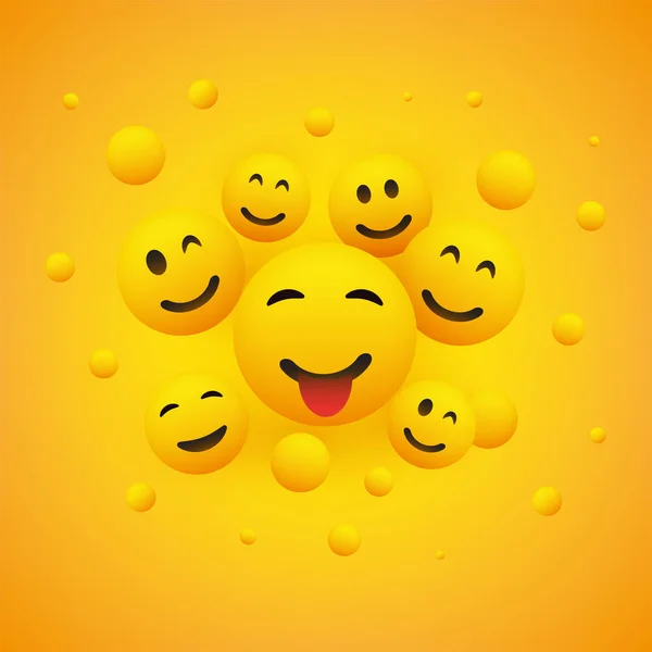 Différentes Émoticônes Souriantes Heureuses Devant Fond Jaune Illustration Vectorielle Concept — Image vectorielle