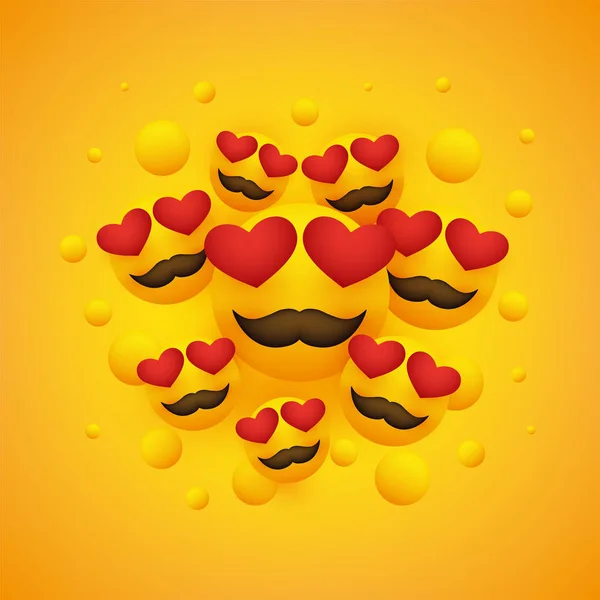 Various Smiling Happy Emoticons Heart Shaped Eyes Front Yellow Background — Stock Vector