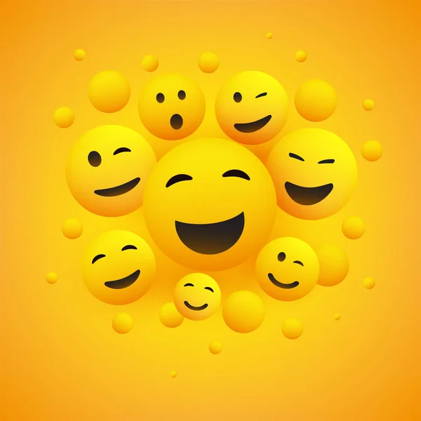 Różne Uśmiechnięte Śmiech Szczęśliwy Emotikony Przed Żółtym Tle Wektor Concept — Wektor stockowy