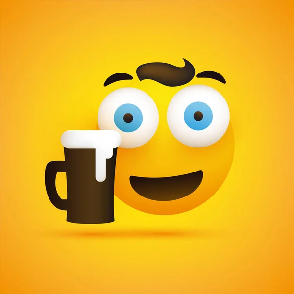 Uśmiechnięty Emoji Simple Happy Emotikon Pop Out Oczy Kieliszek Piwa — Wektor stockowy