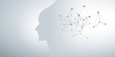 Soyut Makine Öğrenme, Yapay Zeka, Bulut Bilişim ve Geometrik Ağ Örgü ve İnsan veya Robot Kafa Silueti ile Ağlar Tasarım Konsepti 