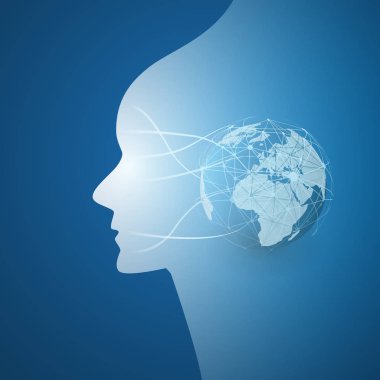Modern Stil Fütüristik Makine Öğrenme, Yapay Zeka, Bulut Bilişim ve Iot Networks Tasarım Konsepti ile Network Mesh ve Earth Globe ve Yüz Silueti 