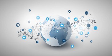 Things Internet, dünya küre ve simgeler ile bulut bilişim tasarım kavramı-Global dijital ağ bağlantıları, akıllı teknoloji kavramı 