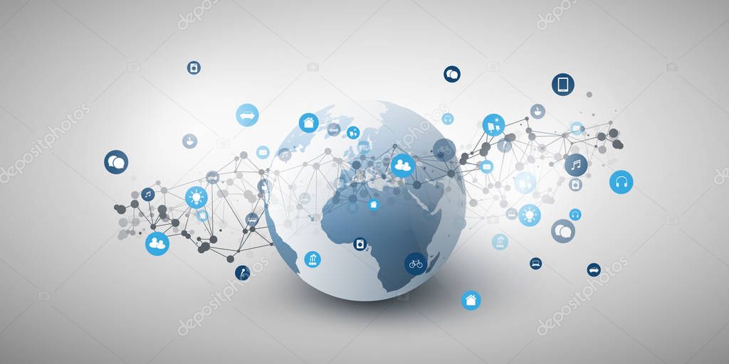 Internet of Things, Cloud Computing Design Concept with Earth Globe and Icons - Global Digital Network Connections, Smart Technology Concept 
