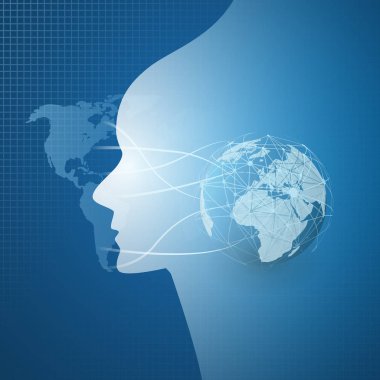 Modern Stil Fütüristik Makine Öğrenme, Yapay Zeka, Bulut Bilişim ve Iot Networks Tasarım Konsepti ile Network Mesh ve Earth Globe ve Yüz Silueti 