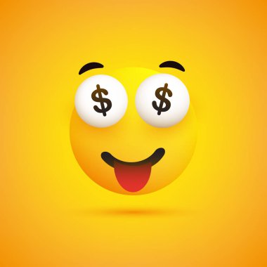 Gözlerinde Dolar İşaretleri ile Gülümseyen Emoji - Sarı Arka Planda Basit Mutlu İfade - Vektör Tasarım İllüstrasyon 