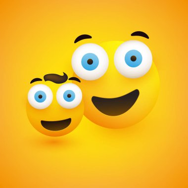 Gülümseyen Emoji Çift - Arkadaşlar, Baba ve Oğul - Sarı Arka Plan Pop Out Gözleri ile Basit Mutlu İfadeler - Vektör Tasarım 