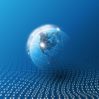 Cloud Computing ve Global Networks Concept Design for Business, It or Technology with Earth Globe, Wire Mesh And Digital Matrix, Bit Pattern, Ones and Zeros 
