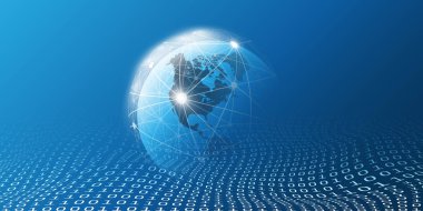 Cloud Computing ve Global Networks Concept Design for Business, It or Technology with Earth Globe, Wire Mesh And Digital Matrix, Bit Pattern, Ones and Zeros 