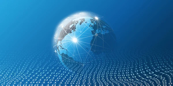 面向企业的云计算和全球网络概念设计 它与地球球 线网和数字矩阵 位模式 一和零技术 — 图库矢量图片