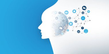 Modern Stil Fütüristik Makine Öğrenme, Yapay Zeka, Bulut Bilişim ve Bağlı İkonlar, Network Mesh ve Earth Globe ile Iot Networks Tasarım Konsepti 