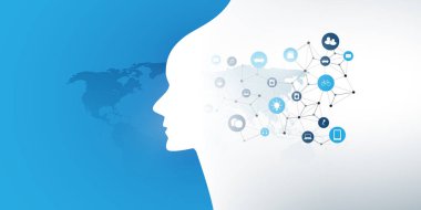 Modern stil fütüristik makine öğrenme, yapay zeka, bulut bilişim ve IoT ağları tasarım kavramı bağlı simgeler, ağ Mesh ve Dünya Haritası 