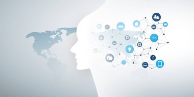 Modern stil fütüristik makine öğrenme, yapay zeka, bulut bilişim ve IoT ağları tasarım kavramı bağlı simgeler, ağ Mesh ve Dünya Haritası 