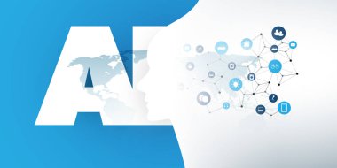 Modern stil fütüristik makine öğrenme, yapay zeka, bulut bilişim ve IoT ağları tasarım kavramı bağlı simgeler, ağ Mesh ve Dünya Haritası 