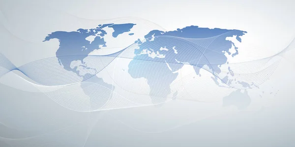 世界地図と波線によるクラウドコンピューティングとグローバルネットワークのコンセプトデザイン — ストックベクタ