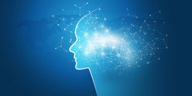 Makine Öğrenme, Yapay Zeka, Bulut Hesaplama ve Ağ Tasarımı İnsan veya Robot Yüzü ve Ağ Ağı Ağı Konsepti