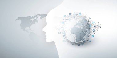 Modern Stil Fütüristik Makine Öğrenme, Yapay Zeka, Bulut Bilişim ve Bağlı İkonlar, Network Mesh ve Earth Globe ile Iot Networks Tasarım Konsepti