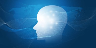 Makine Öğrenme, Yapay Zeka, Bulut Hesaplama ve Ağ Tasarımı İnsan veya Robot Yüzü ve Ağ Ağı Ağı Konsepti