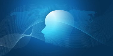 Makine öğrenme, yapay zeka, bulut bilişim, ağlar veya geometrik ağ Mesh ve ınsan veya robot kafası ile ınsan dijital bağlantılar tasarım kavramı