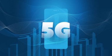 Smart City üzerinde 5g Ağ Etiketi. Gökdelenler ve Mobil Cihaz ile Yüksek Hızlı, Geniş Bant Mobil Telekomünikasyon ve Kablosuz İnternet Tasarım Konsepti 